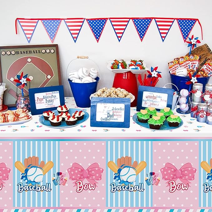 Gender Reveal Table Cover - 3 Packs Sport Baseball or Bow Gender Reveal Disposable Waterproof Plastic Rectangle Table Cloth Gender Reveal Party Favor Decoration Supplies(54x108 Inch)