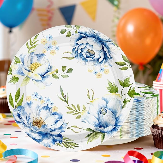 50Pcs Spring Flowers Floral Paper Plates 10 Inch Heavy Duty Disposable Spring Blue Floral Peony Party Decorations Spring Flowers Themed Plates for Wedding Boho Picnic Birthday Dinner Party Supplies