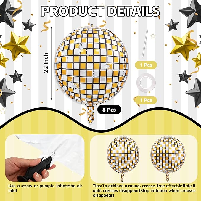 TONIFUL 8Pcs 22Inch Large Gold Disco 4D Giant Round Foil Balloon 4D Metallic Mylar Sephere Balloons for Christmas New Year Birthday Party Graduation Wedding Bridal Shower Decoration Supplies