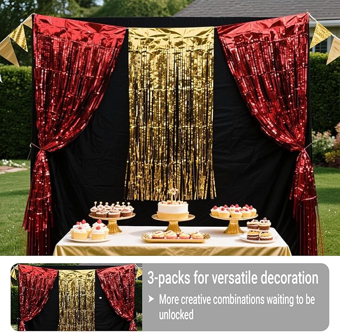 3 Packs Red Gold Foil Fringe Curtains Extra Wide 9.9ft for Birthday Party Tinsel Backdrop Movie Night Decor Farewell Party Streamer,Retirement Decorations, Backdrop for Graduations Each 3.3 x 6.5 ft