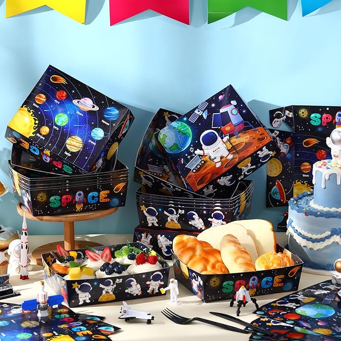 Mifoci 36 Pack Outer Space Birthday Party Decorations Space Themed 5 lb Large Solar System Planet Nacho Boats Severing Food Trays for Kids Astronaut Galaxy Party Supplies