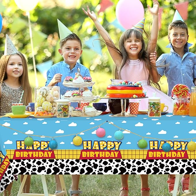 6 Pack Cartoon Story Birthday Party Supplies Cow Pattern Printed Table Cover Blue Sky and White Cloud Tablecloths Cow Birthday Party Decoration for Boy Girl Kid Birthday Party Decor 54 x 108 inch