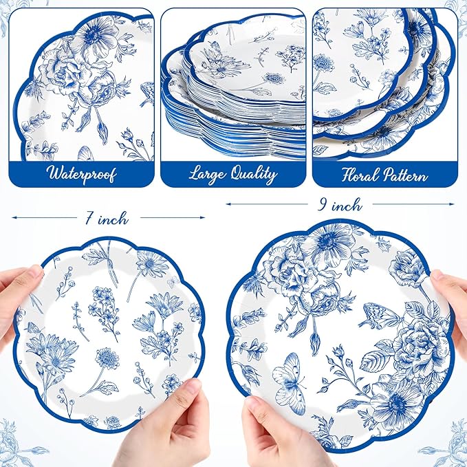 60 Pcs Blue White Floral Paper Plates 9 in and 7 in Disposable Butterfly Flower Party Plates Spring Elegant Dinner Dessert Tableware for Wedding Baby Shower Chinoiserie Table Decor Supplies