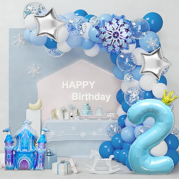 7Pcs 2nd Birthday Party Decorations Balloons,Winter Snowflake Balloons Large Blue 40 Inch Number 2 Balloon Foil Star Castle Ballon for Birthday Party Favor Decor Supplies Winter Wonderland Decoration