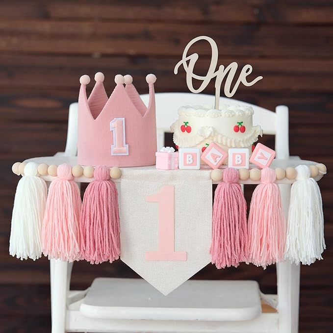 Pink Baby Girl 1st High Chair Banner Wood Bead Tassel Garland Crown Hat Wooden Cake Topper Birthday Party Decorations
