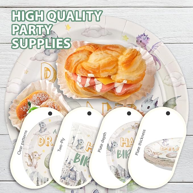 96Pcs Dragon 1st Birthday Party Decorations A Little Dragon is Turning One Plates and Napkins Cartoon Dinosaur Theme Tableware Sets for Kids 1st Birthday Baby Shower Party Supplies Serves 24