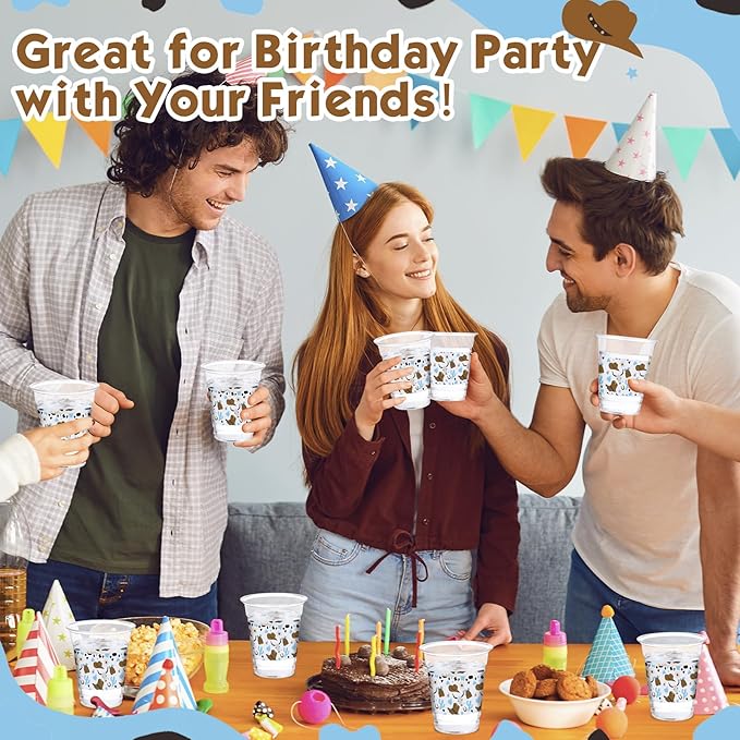 100 Pcs Western Plastic Cups 12 oz Clear Disposable Plastic Cowboy Cowgirl Drinking Cups Bulk for Boho Preppy Baby Shower Birthday Wild West Party Decoration Supplies(Cowboy,Brown and Blue)