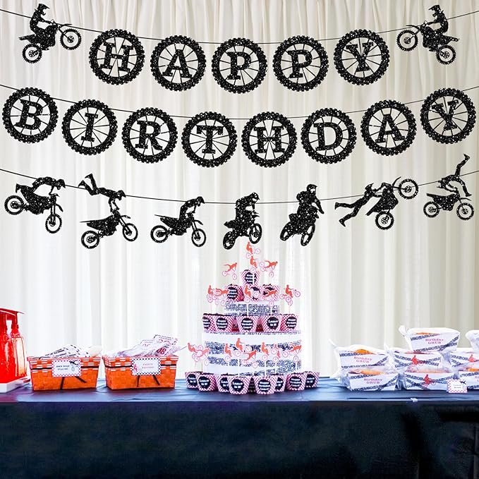Pre-Strung Dirt Bike Birthday Party Decorations, NO DIY Glitter Happy Birthday Banner, Sick Motocross Stunt Decor Motocross Themed Party Supplies
