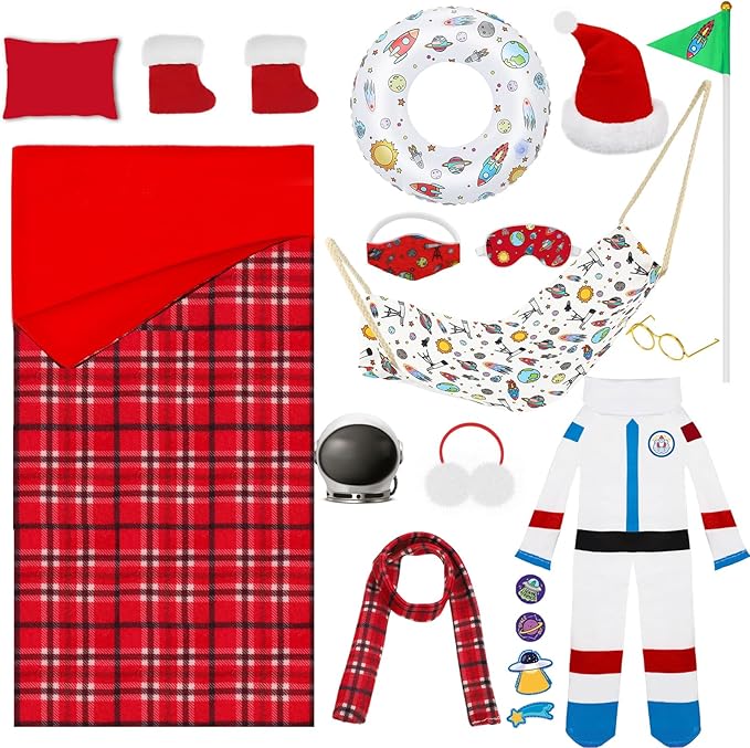 Kacctyen Astronaut Themed Christmas Doll Accessories - 19 Pcs Include Sleeping Bag, Hat, Suit, Scarf, Glasses, Pillow, Eye Mask, Shoes, Mask, Hammock