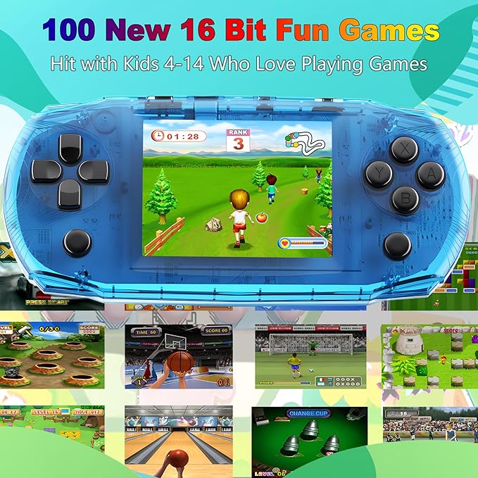 16 Bit 3.2" IPS Large Screen Handheld Game Console for Kids Preloaded 100 Retro Video Games, Portable Gaming System Rechargeable Battery, Mini Travel Electronic Toy Gifts for Boys Girls (Blue)
