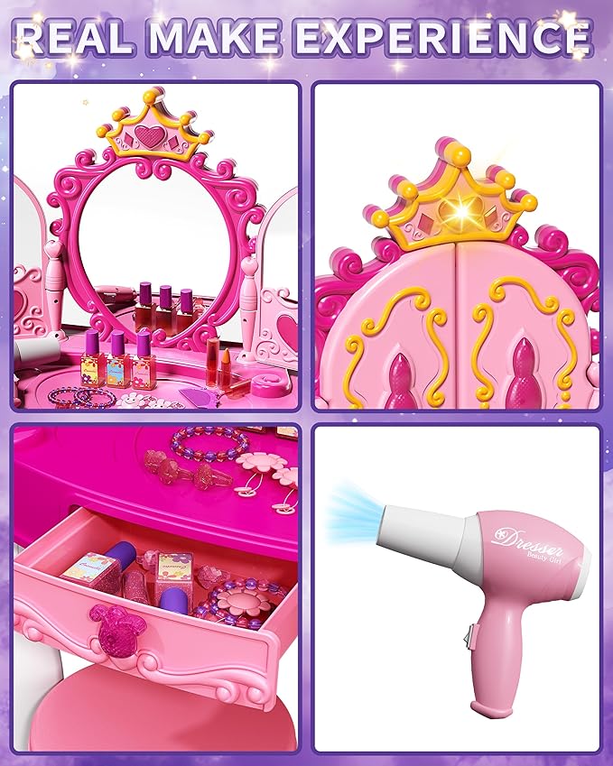 Toddler Makeup Table with Mirror and Chair, Kids Makeup Vanity Set with Accessories and Lights and Music Sound for Girls, Toddlers 3-5 Years Old