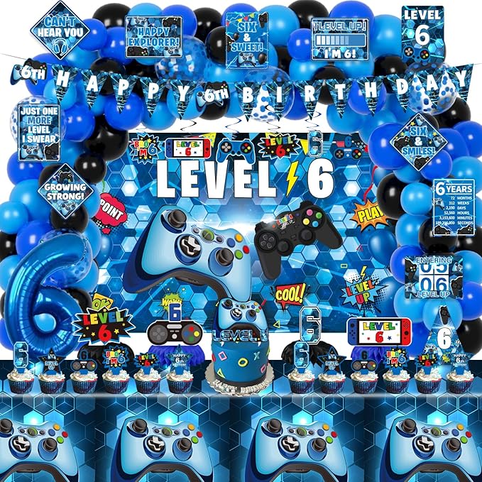 6th Birthday Decorations for Boys, 149Pcs Blue Video Game level 6 Party Supplies for Boy 6th Birthday - Backdrop, Banner, Balloons, Tablecloth, Centerpieces, Hanging Swirls, Wall Signs