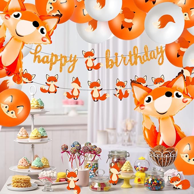 Lenwen 34 Pcs Jungle Animal Themed Party Decorations Cute Fox Birthday Party Supplies Include Farm Zoo Theme Banner, Balloons for Boy Girl Birthday Baby Shower Wedding Graduation