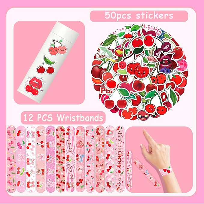110PCS Cherry Party Favors She's The Cherry On Top Slap Bracelet Summer Fruit Cherries Stickers Tattoos, Keychain, Button Pins, Cute Cherry Party Gift Bag for Wedding Bridal Baby Shower Supplies