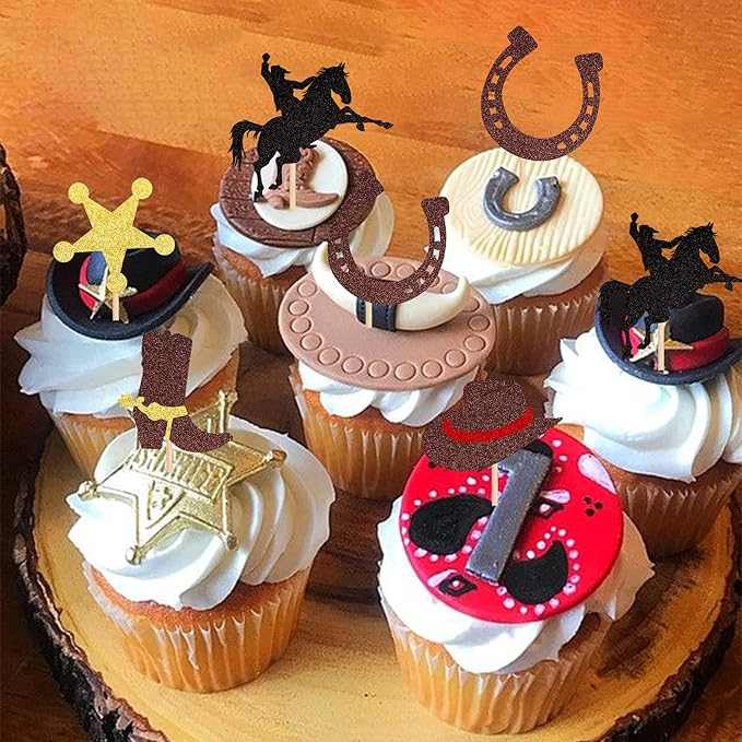 30 PCS Cowboy Cupcake Toppers Glitter HorseShoe Cowboy Hats Boots Cupcake Picks Western Theme Baby Shower Birthday Party Cake Decorations Supplies