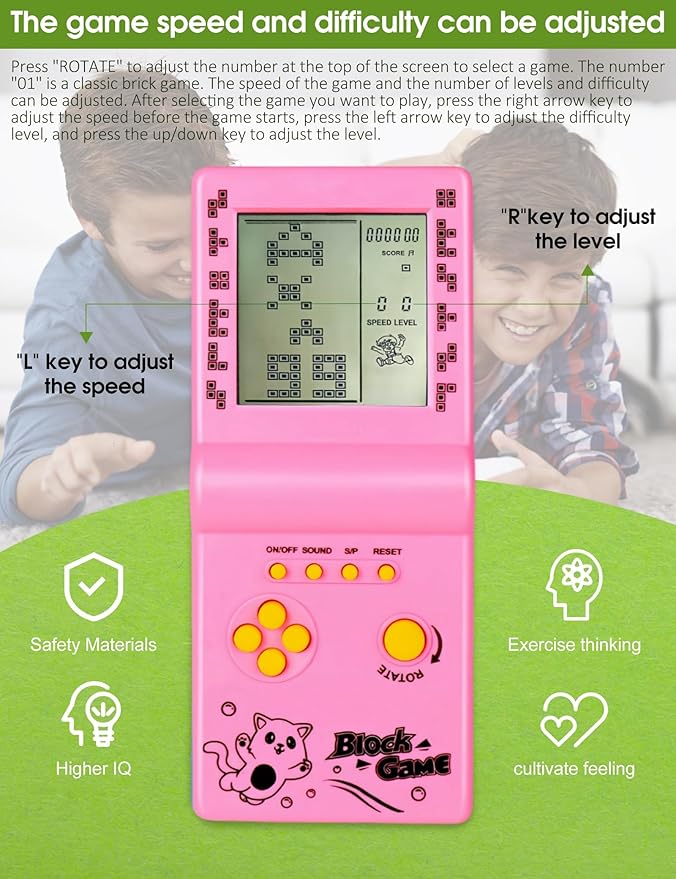 3.5-inch Large Screen Brick Game Console Building Block Racing/Tank Game Built-in 26 Classic Games Nostalgic Puzzle (Pink)