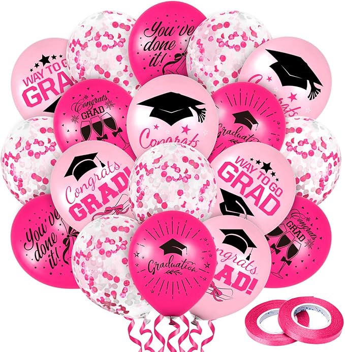 Whaline 60Pcs Graduation Party Balloon Set 7 Designs Confetti Latex Balloon with 2 Rolls Ribbon Congrats Grad Cap Balloons for Party Decor Supplies (Pink, Hot Pink)