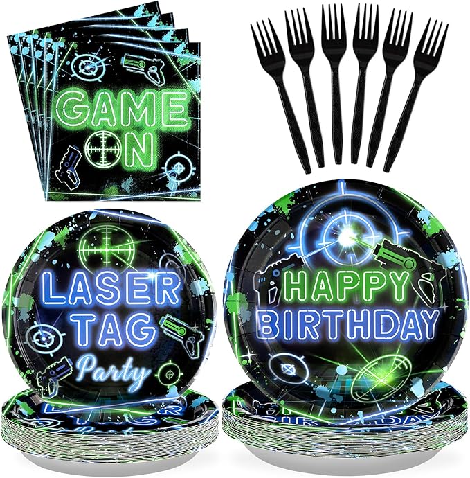 Grencian 96PCS Laser Tag Birthday Party Decorations Set - Green, Blue Laser Party Plates, Disposable, Serves 24
