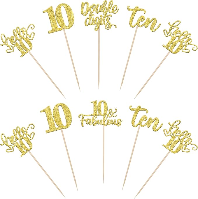 15PCS Happy 10th Birthday Centerpiece Sticks Hello 10 Fabulous Table Flower Centerpieces Sticks Ten Double Digits Cheers to 10 Years Floral Decoration for 10th Birthday Party Centerpieces Sticks Gold