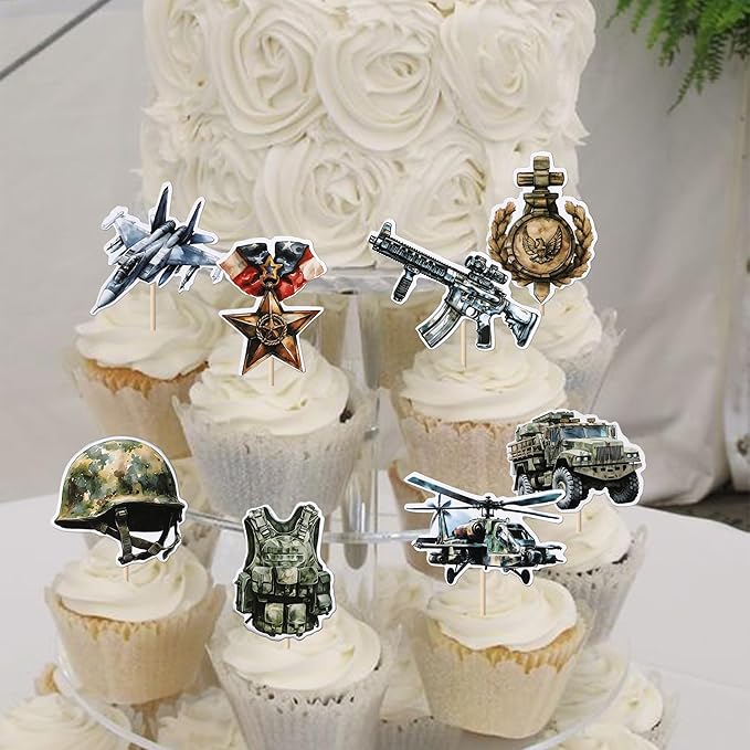 40 Pack Military Cupcake Toppers Airplane Car Military Happy Birthday Cupcake Pick Kids birthday Army Baby Shower Military Fan Cupcake Decorations Party Supplies