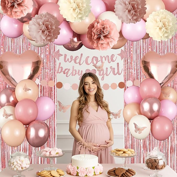 Pink Baby Shower Decorations for Girl, Boho Dusty Blush Pink Rose Gold Beige White Latex Balloons Welcome Baby Banner Its A Girl Cake Topper Pom Poms Fringe Curtain for Girls Birthday Party Decoration