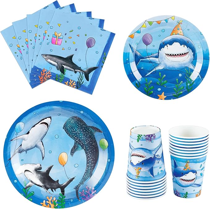 WERNNSAI Shark Birthday Party Decorations - 64PCS Under The Sea Birthday Decorations Blue Ocean Plates Cups Napkins Tableware for Kids Boys Baby Shower Summer Pool Party Decor Serves 16 Guests