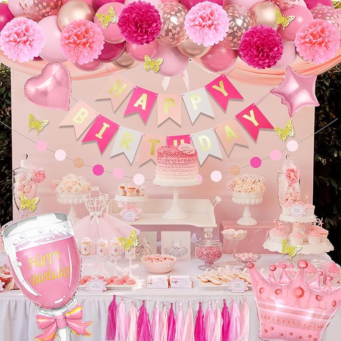 Pink Birthday Party Decorations for Women Girls, Foil Confetti Rose Gold Hot Pink Balloons Happy Birthday Banner Fringe Curtains Butterfly Decor Circle Dots Tassels Pompoms Mothers Day Party Supplies
