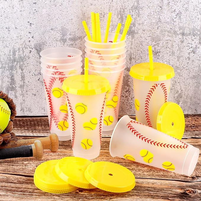 Hxezoc 16 Pieces Softball Plastic Cups Reusable Party Plastic Cups 24 oz Sports Party Gifts for Softball Game Sport Birthday Party Decoration Supplies