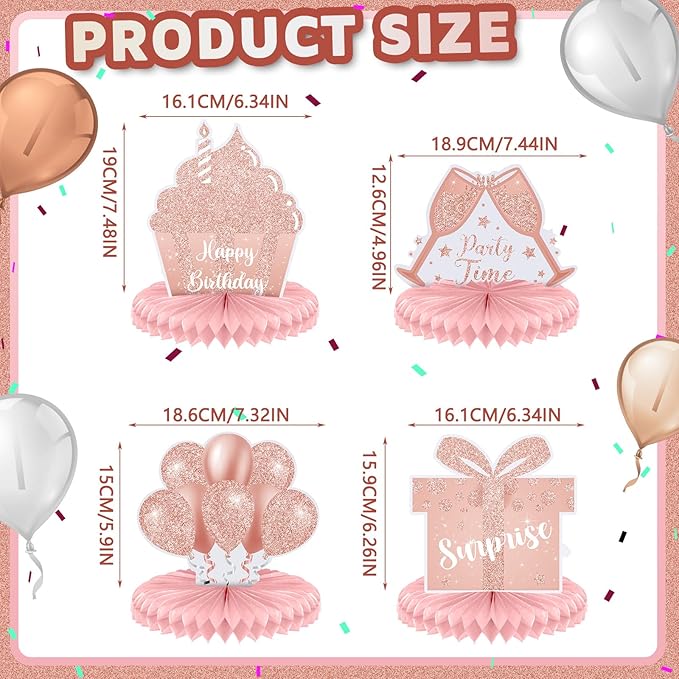 Yexiya 8 Pcs Pink Birthday Centerpiece Table Decoration, Happy Birthday Honeycomb Centerpieces Honeycomb Table Toppers for Men Women Party Supplies