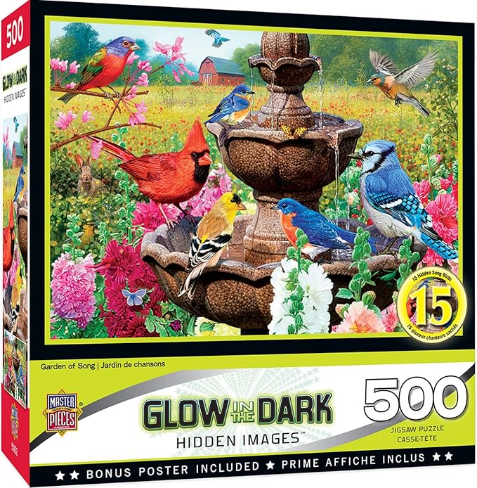 MasterPieces - 500 Piece Jigsaw Puzzle, Glows in The Dark, Hidden Images, Garden of Song, Fun for Adults, Family, Kids, 15" x 21"