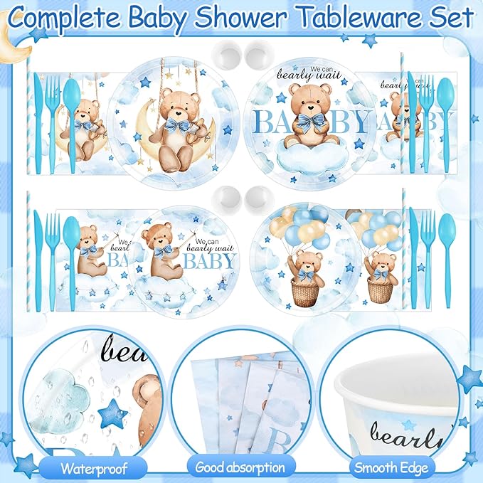 450 Pcs Blue Bear Baby Shower Tableware Set Decorations, We Can Bearly Wait Paper Plates Napkins Cups Cutlery Straws for Blue Baby Shower Gender Reveal Birthday Party Supplies, Serves 50