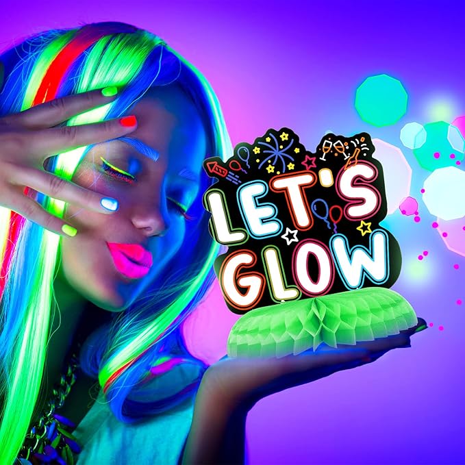 9 Pcs Real Glow in Dark Party Supplies, Glow Under UV Black Light Reflective Ink Printing Neon Honeycomb Birthday Decorations Neon Table Centerpieces Table Party Favor Decorations