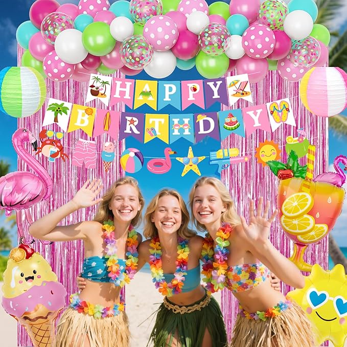 Summer Pool Beach Party Decorations, Splash Birthday Bash Party Supplies Tropical Summer Banner Beach Ball Lantern Fringe Curtain Foil Balloons Arch for Girls Swimming Luau Hawaiian Party Decor(Pink)