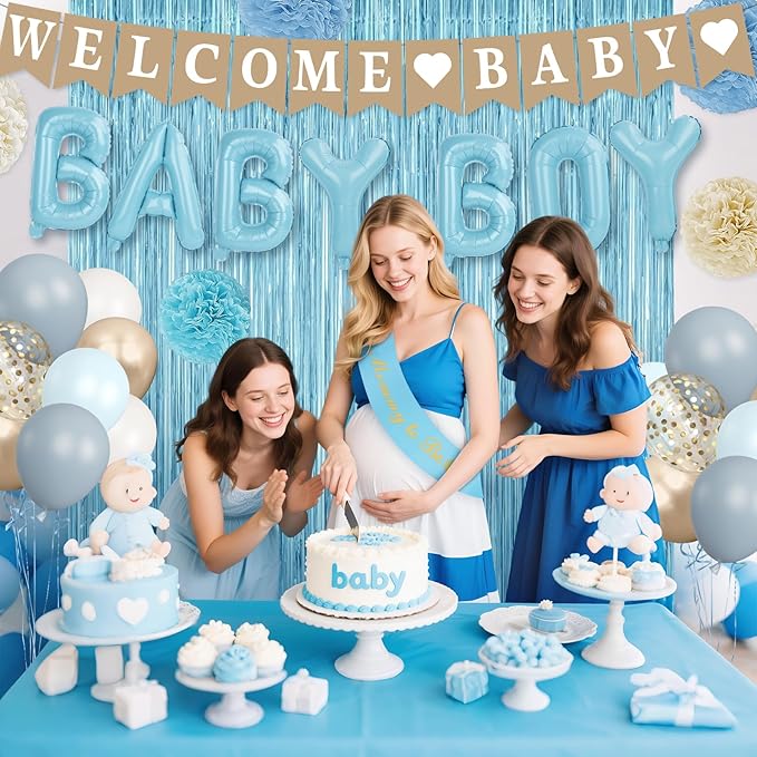 Dusty Blue Baby Shower Decorations Set with Welcome Baby Banner & Paper Fringe - Mom To Be Sash, Daddy To Be Badge, Light Blue Balloons, Paper Lantern, Pom Poms for Boy Gender Reveal Party Supplies