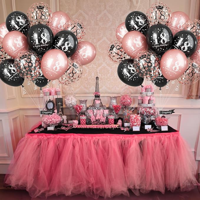 Rose Gold Black 18th Birthday Decorations for Girls, 15Pcs Happy 18th Birthday Helium Latex Balloons, Black Rose Gold Confetti 18th Balloons for Girls Age 18 Years Old Birthday Party Decor Supplies