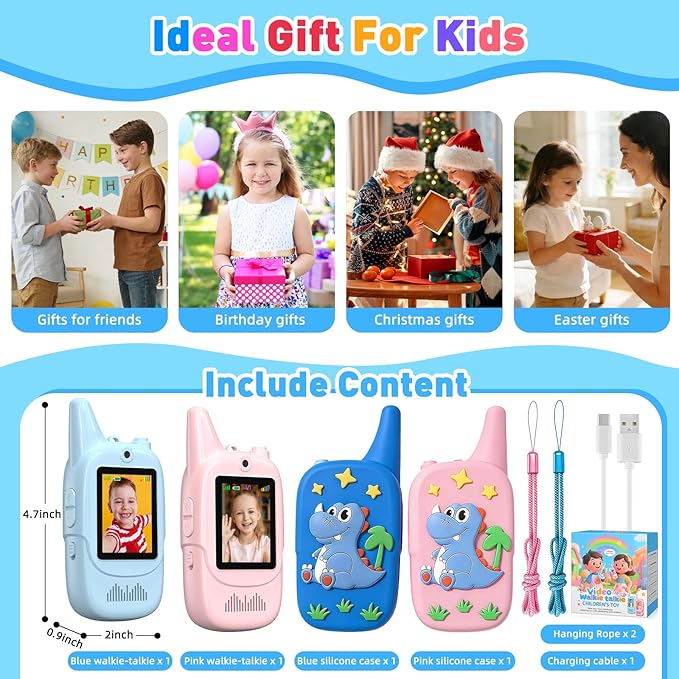 Video Walkie Talkies for Kids 2 Pack, Handheld Games for Kids, Intercom with Voice Changer, Long Range Outdoor Family Games, Camping, Hiking, Travel Toys Gifts for Boys and Girls Ages 3-12