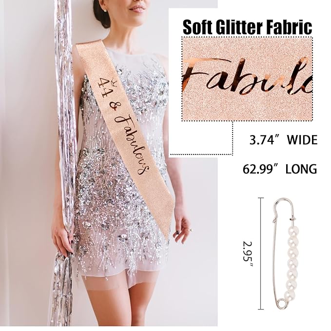 CIEHER 44th Birthday Crown & Sash Set + Pearl Pin, Fabulous 44 Birthday Tiara, Decorations & Gifts for Women