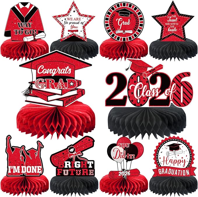 10PCS Graduation Party Decorations Class of 2026 Congrats Grad Table Centerpieces Congratulate Graduation Honeycomb Table Toppers for Graduation Party Supplies(Red Black)