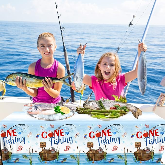 GREHUMOR 3Pcs Gone Fishing Tablecloth for Fishing Party Supplies Decoration Little Fisherman Themed Table Cover Plastic Disposable Rectangular Birthday Summer Party Decorations