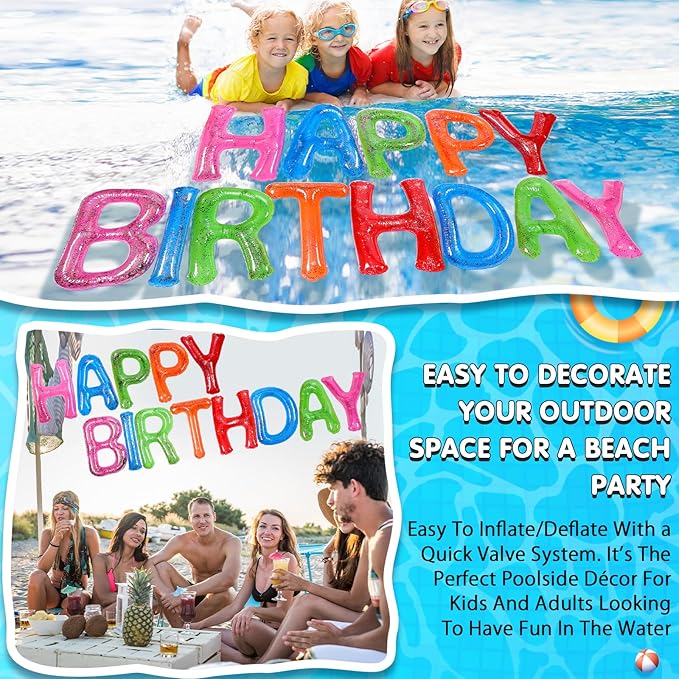Shappy 20'' Happy Birthday Pool Large Floating Letter Balloons with Adhesive Dots Inflatable Pool Decorations for Summer Birthday Party