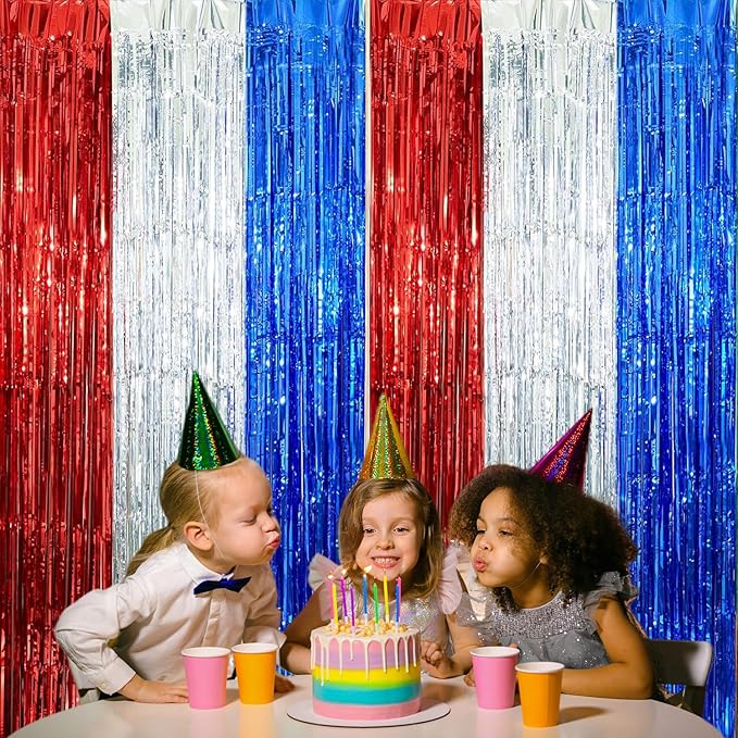 2 Pack Construction Foil Fringe Curtains, 3.3x6.6 Ft Blue Red and Silver Tinsel Backdrop Party Decorations Door Streamers for 4th of July Decorations, Patriotic Party, Independence Day Decor