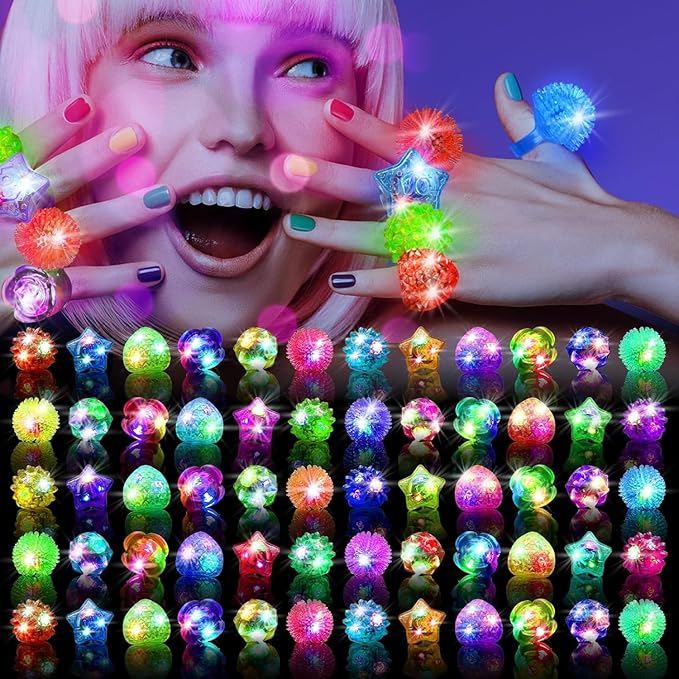 Party Favors 100 Pcs Light Up Rings, Glow In The Dark Party Supplies, 6 Style Flashing Glow In The Dark Rings for Adults & Kids, LED Ring for Birthday, Concert, Raves, Halloween, Christmas