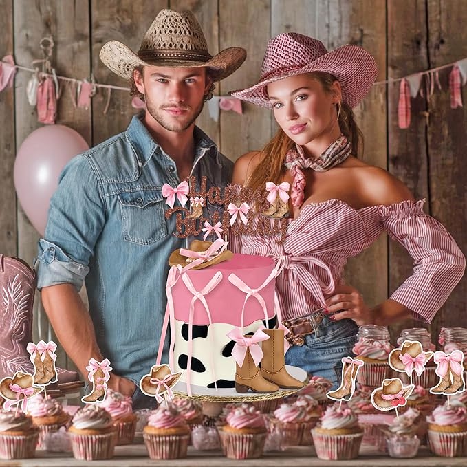 26 PCS Cowgirl Bows Cake Decorations Hat and Boot Cake Toppers for Western Theme Birthday Baby Shower Cowgirl Party Supplies