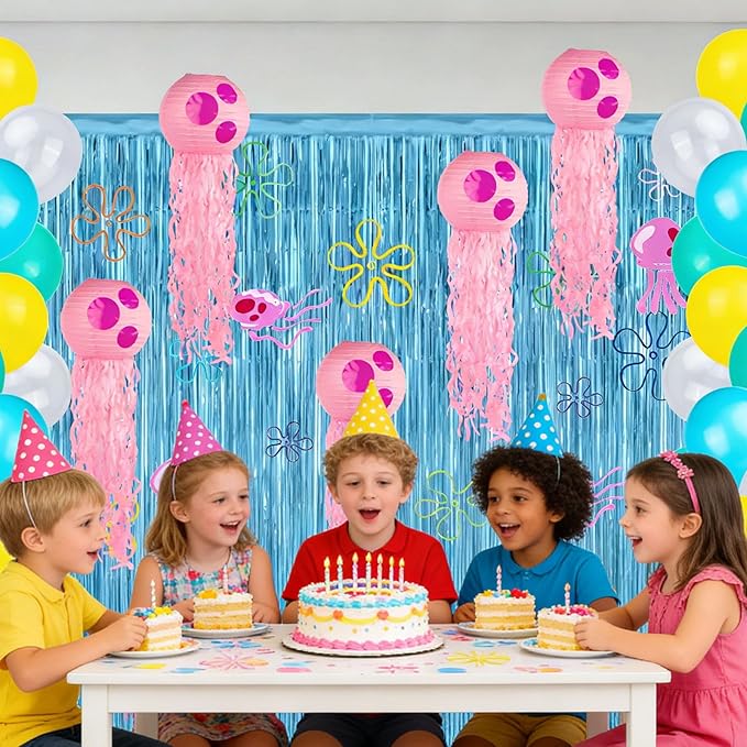 Yellow Cartoon Party Decorations Jellyfish Flowers Hanging Swirls Cartoon Ocean Theme Hanging Decor Under the Sea Party Decorations Photo Props Background for Birthday Party Supplies