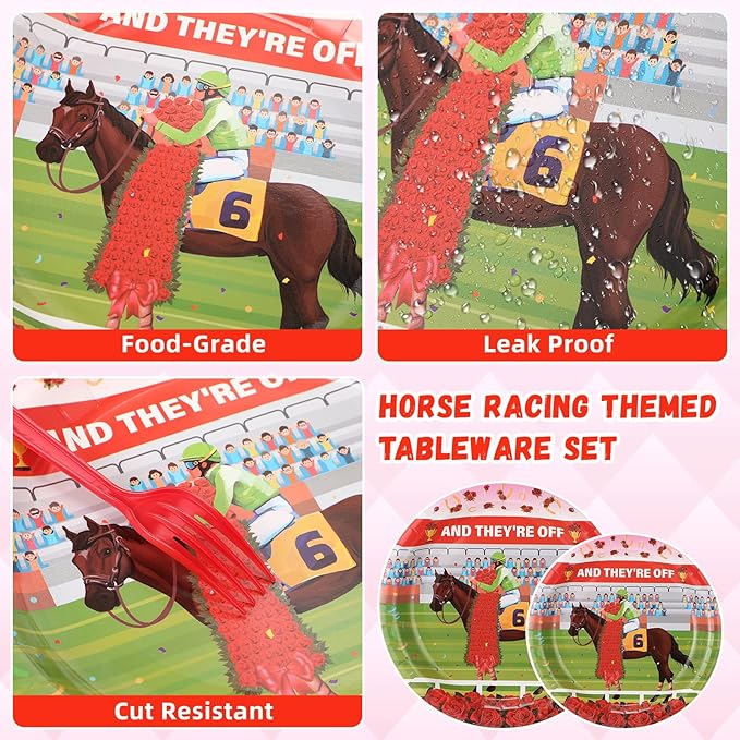 Roshtia 192 Pcs Derby Party Supplies for Horse Racing Party Decorations Derby Day Party Tableware Set Horse Theme Birthday Party Paper Plates Napkins Fork for 48 Guests (Roses)