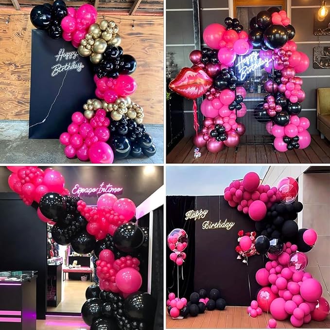 Pink and Black Balloons, 60PCS Hot Pink Black Balloon Set, 12Inch Pastel Light Rosa and Metallic Latex Balloons for Girls Women Princess Birthday Bachelorette Baby Shower Beauty Party Decorations