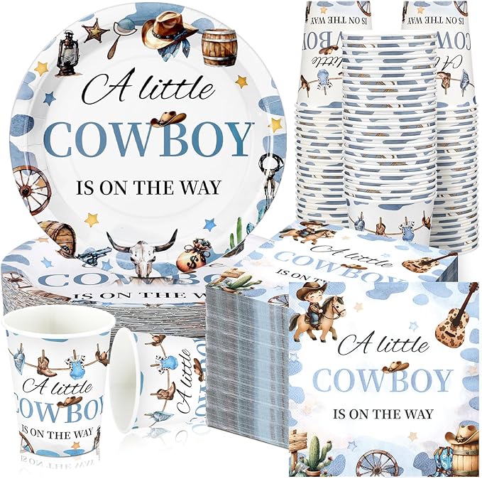 Hushee 200 Pcs a Little Cowboy Is on The Way Baby Shower Paper Plates Napkins Cups Baby Shower Party Supplies Tableware Set Cowboy Disposable Cup Napkin for 50 Guest Boy Girl Spring Decoration