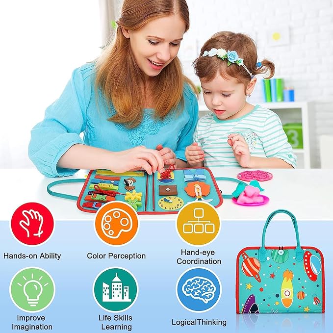 Busy Board for Toddlers 1-3 Sensory Busy Book for 1+ Year Old Boys Girls Montessori Learning Activity Books Birthday Christmas Toddler Gift (Green)