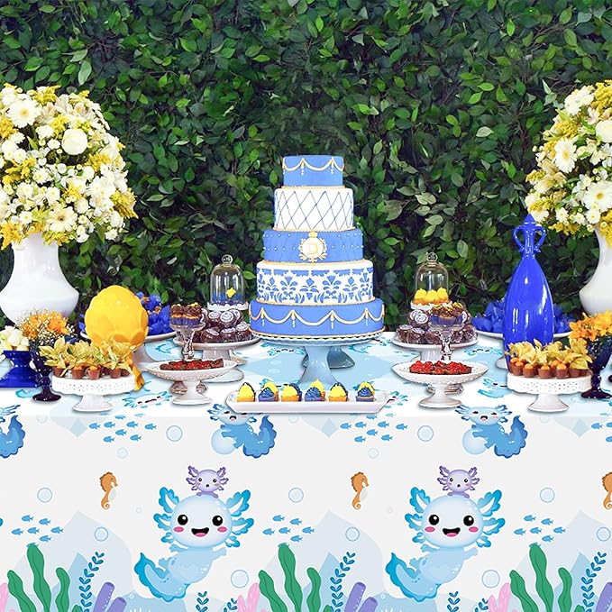Axolotl Plastic Party Tablecovers - 3-Pack Blue Cartoon Axolotl Table Cover Decorations Disposable Waterproof Rectangle Plastic Tablecloths Rectangle Kids Birthday Baby Shower Camping Events