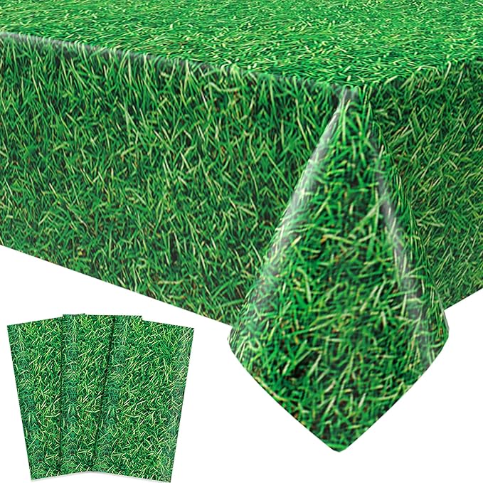 3 Pcs Green Grass Plastic Tablecloths, 51 * 86 Inch Disposable Grass Table Covers, Golf Soccer Party Decorations for Boys, Soccer Golf Sports Theme Birthday Party Supplies